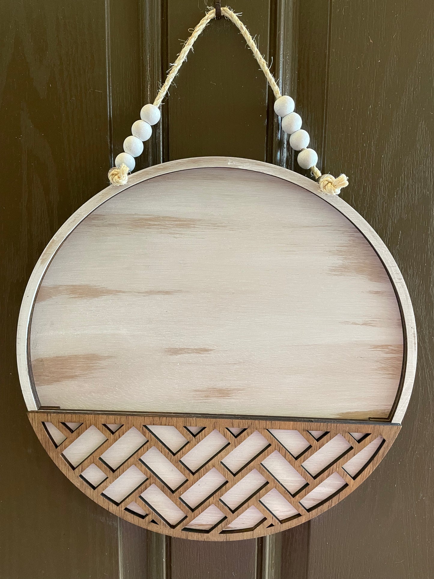 White Distressed Welcome Sign Base with Stained Herringbone Design