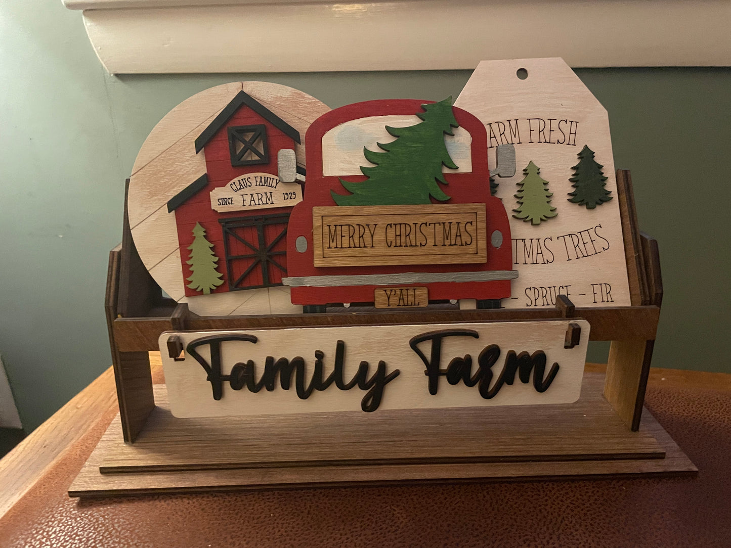 Christmas Tree Truck and Claus Family Farm Barn Insert for Wagon