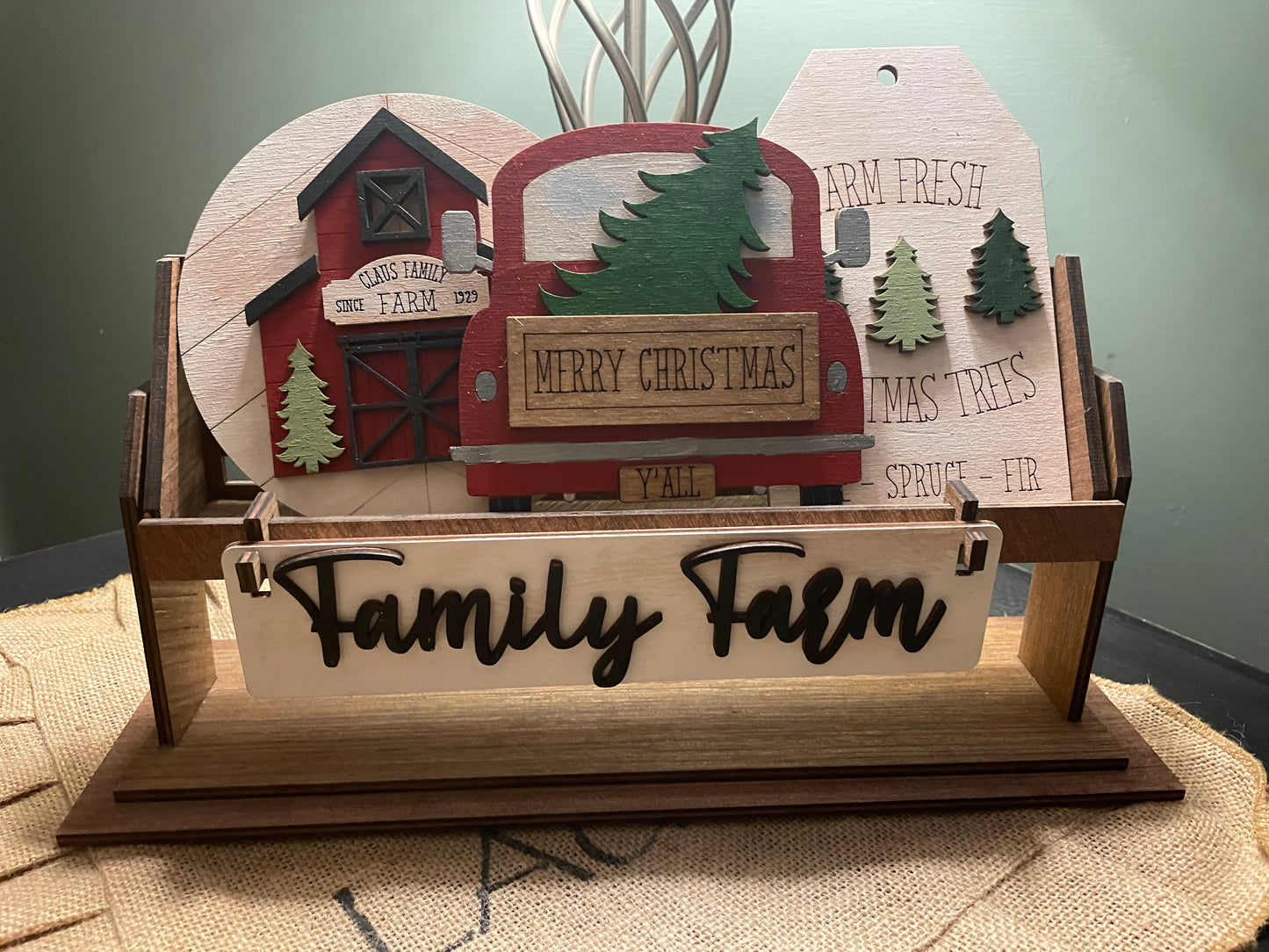 Christmas Tree Truck and Claus Family Farm Barn Insert for Wagon